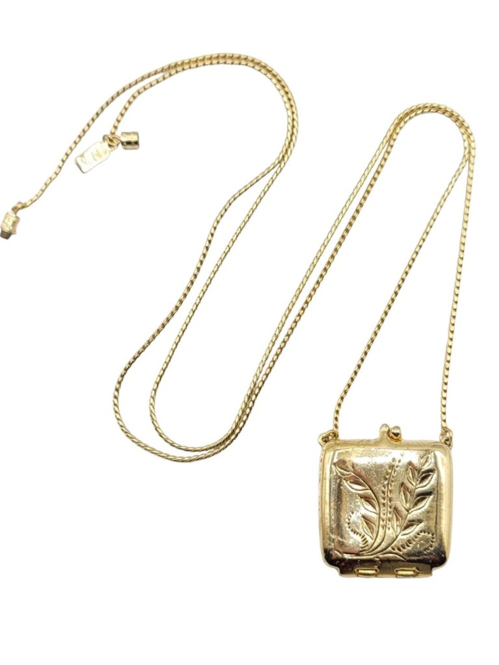 1928 Jewelry Co. Gold Tone Kiss Closure Purse Pendant Necklace, Signed